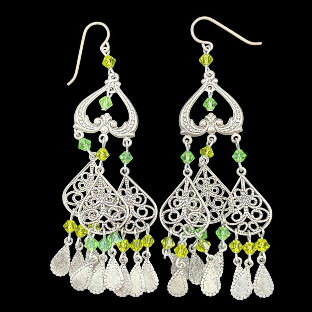 Vintage Silver Filigree Chandelier Drop Earrings with Lime Green Crystals